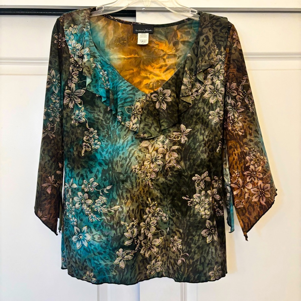 Brittany Black M Blue Green Black Blouse with Gold Glittery Flower Accents